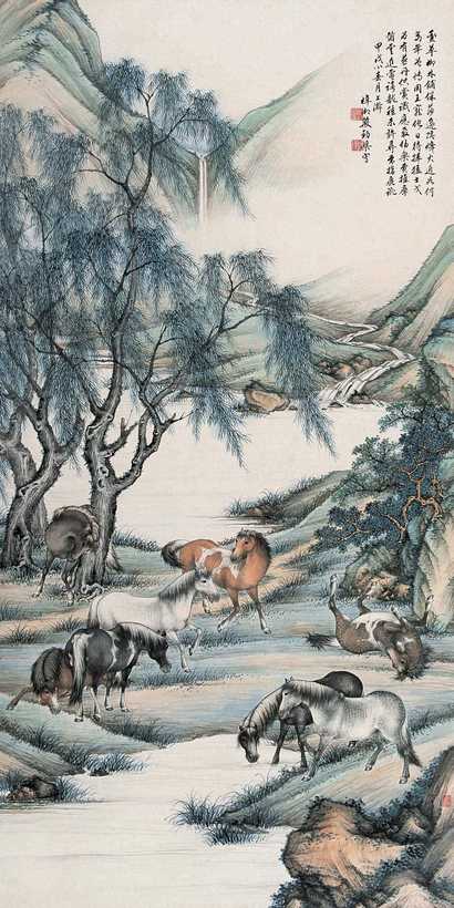 殷梓湘 1934年作 八骏图 立轴